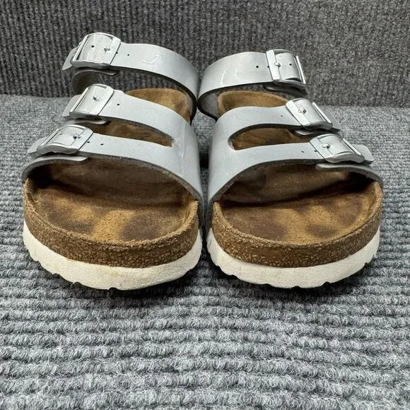 Betula Birkenstock Leo Sandals Womens 39/ 8-8.5 Silver Metal Buckle 3 Strap - Picture 2 of 10
